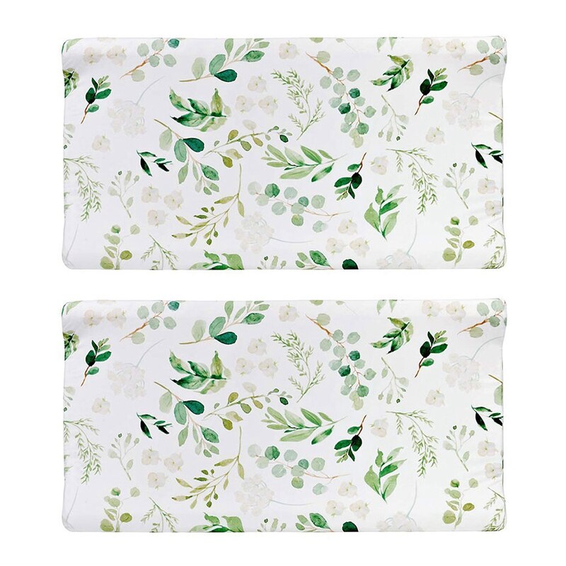 2X Baby Diaper Changing Pad Cover Cradle Mattress, Infant Stretchy Fabric Changing Mat Cover-Green Leaves